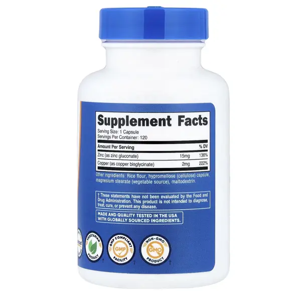 Nutricost Zinc + Copper 15 mg Capsules